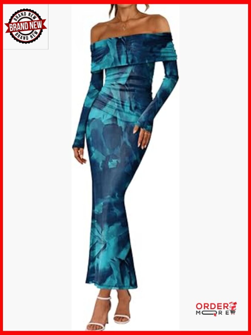 Off Shoulder Bodycon Floral Maxi Dress Long Sleeve Wedding Guest Cocktail Party